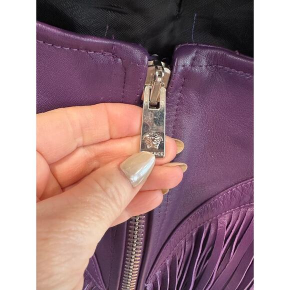 Versace Runway Bright Dark Orchid Leather Fringe Mini Dress - Picture 9 of 16
